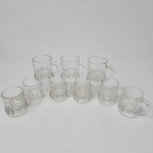 Vintage Federal Glass Clear MINI Stein Mug Beer Shot Glasses 2" Barware Set of 9